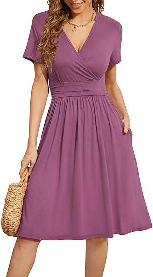 Women's Summer Short Sleeve Casual Dresses V-Neck Floral Party Dress with Pockets