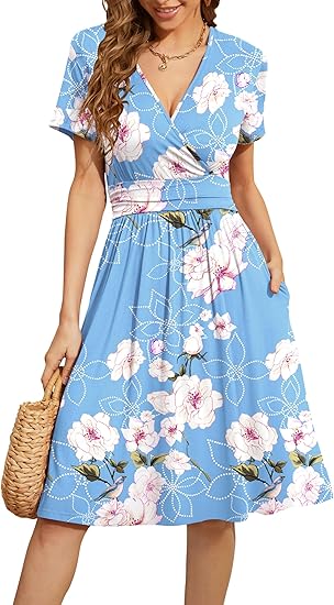 Women's Summer Short Sleeve Casual Dresses V-Neck Floral Party Dress with Pockets