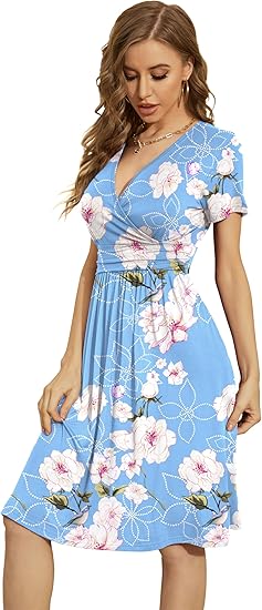 Women's Summer Short Sleeve Casual Dresses V-Neck Floral Party Dress with Pockets