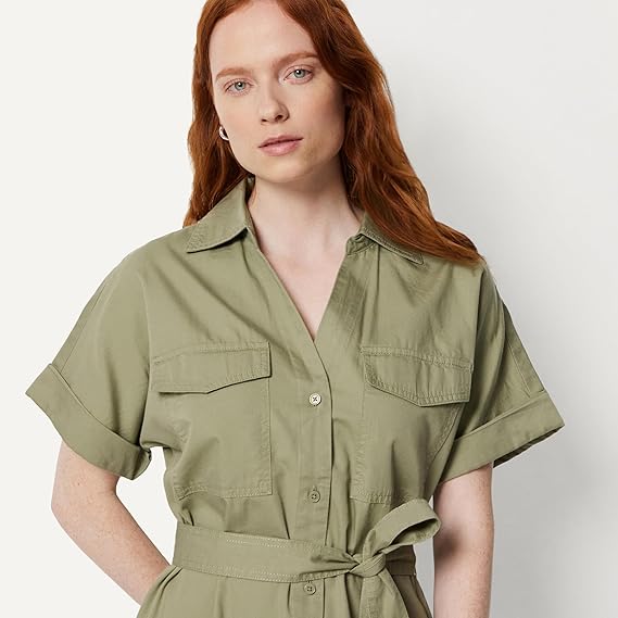 Women's Relaxed-Fit Short Sleeve Button-Down Dress with Belt
